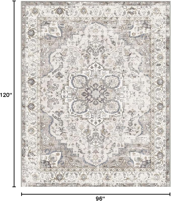 Washable Area Rug 8x10 - Large Cream Boho Rugs for Living Room Soft Vintage Bedroom Rug Ultra-Thin Farmhouse Oriental Distressed Carpet Non Slip Rug for Dining Room Guest Room Home Decor