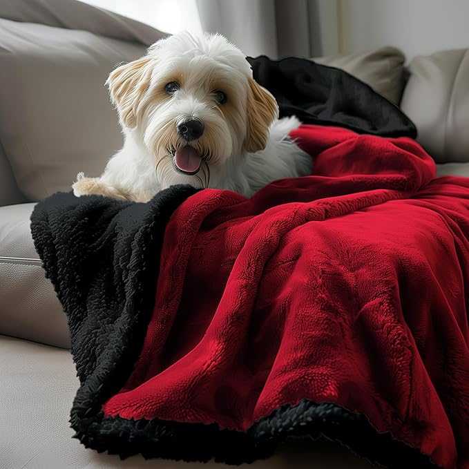 Waterproof King Size Blanket - Sherpa Fleece Reversible Throw, Soft Warm Leak-Proof Bed & Couch Protector for Kids, Pets & Everyday Spills (Velvet Red/Obsidian Black, King 90x108)