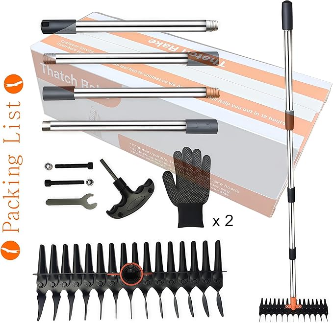 15" Heavy Duty Thatch Rake - Metal Dethatcher with Strong Handle for Lawn Yard Leaf Weed & Soil Loosening (Yellow-tine29)