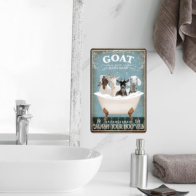 Funny Goat Bathroom Decor - Goat Lovers Accessory - Farm Themed Metal Wall Art Poster - 8x12 Inch