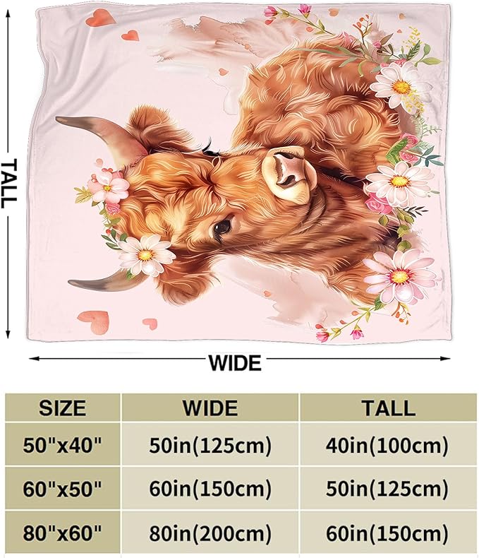 Highland Cow Throw Blanket - Cute Gifts and Decor for Girls, Women, Kids, Adults - Soft Warm Cozy Fleece for Couch, Sofa, Bed 80"x60"