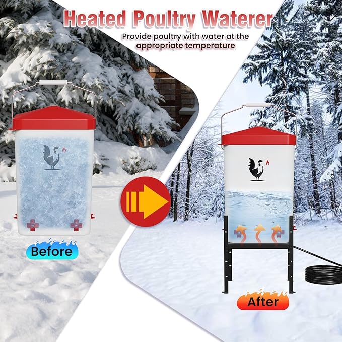 Heated Chicken Waterer, 3.2 Gallon Chickens Poultry Waterer with Nipples, Height Adjustable & Detachable Stand, All-Season Chicken Coop Waterers, Chicken Water Heater (12L, Red Cover)