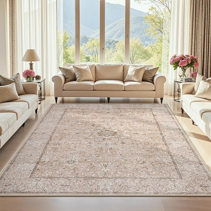 Collive 8x10 Area Rugs for Living Room, Washable Neutral Pink Hand-Painted Floral Bedroom Rug, Vintage Distressed Boho Non Slip Low Pile Large Carpet, Soft Retro Dining Room Office Rug, Pink Grey