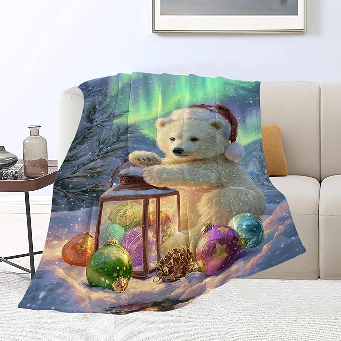 Christmas Polar Bear Blanket Winter Aurora Night Animal Throw Blankets Gifts for Girls Boys Kids White Bear Lover Soft Cozy Fleece Plush for Couch Sofa Bed 80"x60"