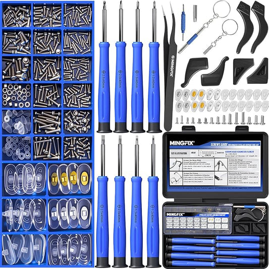 Eye Glasses Repairing Kit, MINGFIX Magnetic Eyeglass Repair Tool Set with Multiple Size Screws,8 Precision Screwdrivers,Nose Pads,Ear Grips and Tweezer with Travel Case for Glasses,Sunglasses