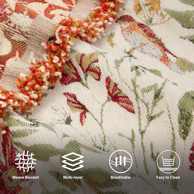 MACEVIA Boho Throw Blanket for Bed, Cardinal Bird Floral Throw Blanket, Floral Woven Boho Blankets and Throws with Tassel for Couch Sofa, All Season Cottagecore Decor Blanket (Cardinal 50"×70")