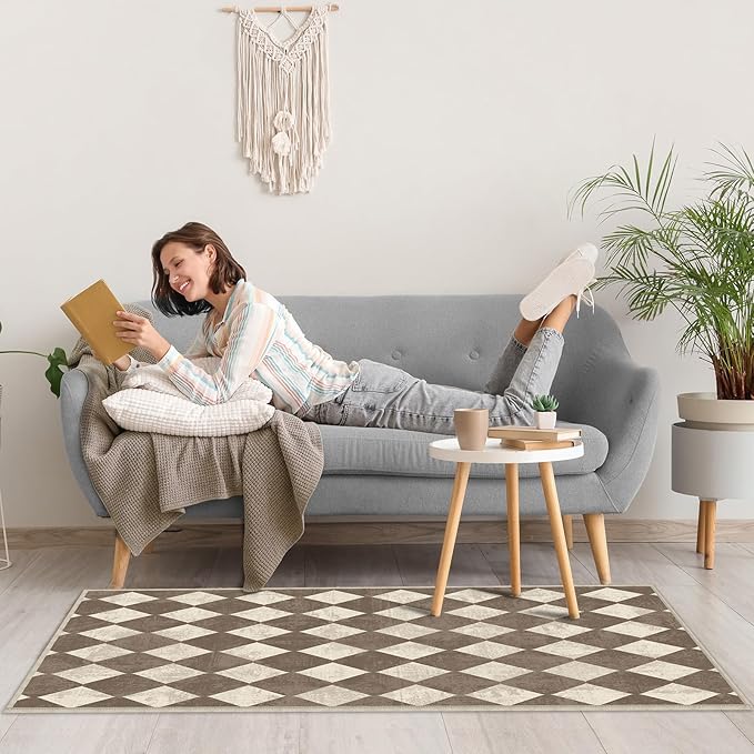 Checkered Washable Geometry Brown Area Rugs 3x5 Modern Neutral Non Slip Low Pile Indoor Floor Small Carpet for Living Room Bedroom Dinning Room Kitchen