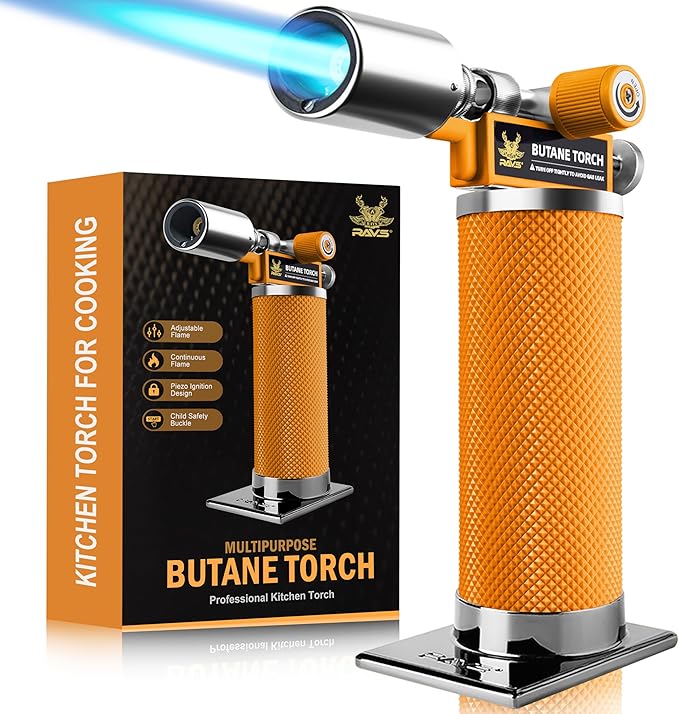 RAVS Butane Torch Lighter, Creme Brulee Torch with Adjustable Flame, Kitchen Torch for Baking, BBQ, DIY, Christmas Gifts Stocking Stuffers Gifts for Women, Orange, Butane Gas Not Included