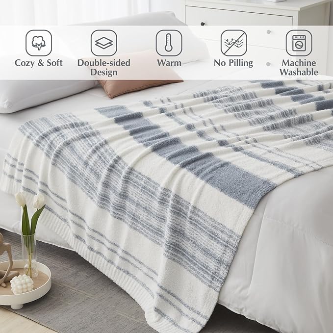 WRENGONGE Grey Blue Throw Blanket, 50x70 Soft Cozy Striped Throw Blankets for Couch, Sofa, Bed, Travel, Lightweight Fluffy Warm Plush Decorative Blankets for Women, Men,Kids Gift