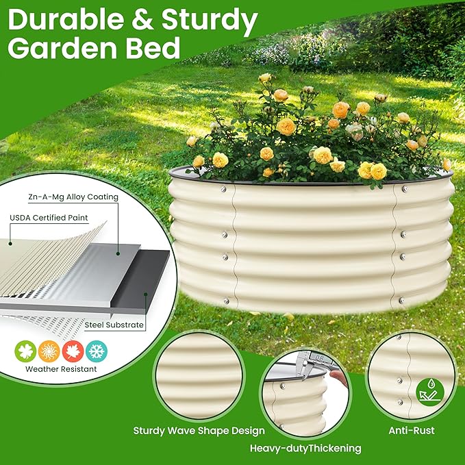 Round Raised Garden Bed Kit, 3.5x3.5x1.4Ft Outdoor Zinc-Aluminum-Magnesium Metal Flower Beds Stainless Steel Patio Ground Planter for Planting Vegetables (Ivory)