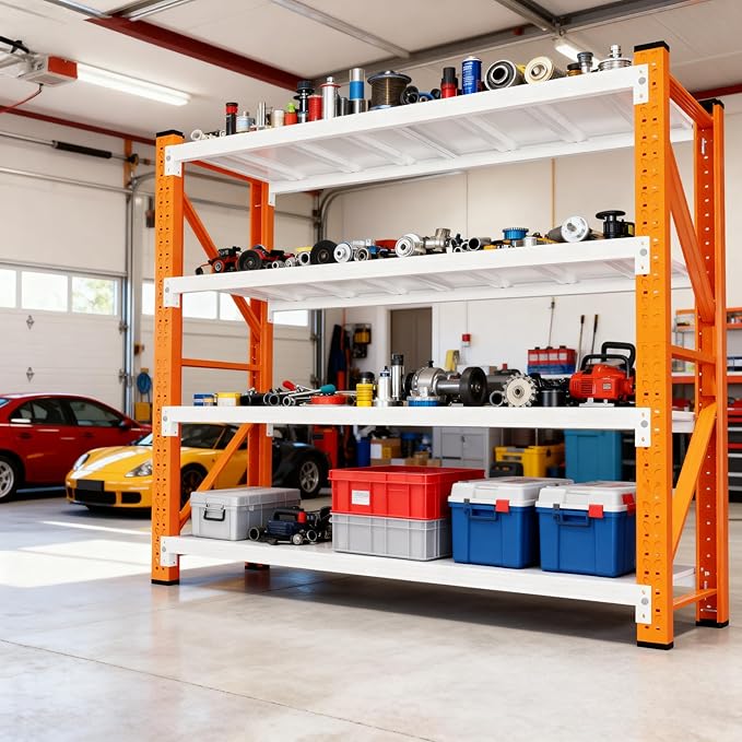 4-Tier Storage Shelves,79" H Heavy-Duty Garage Shelving Unit,Adjustable Metal Industrial Shelf System,3,000lbs Capacity,Tool Organizer for Garage,Workshop,42" W x 20" D x 79" H,Orange&White