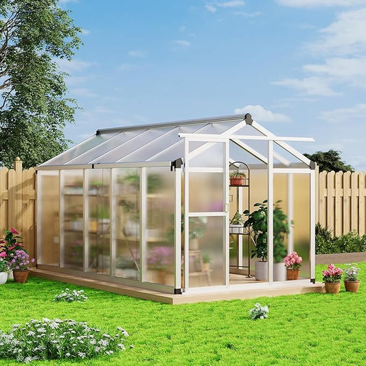 6x10 FT Greenhouse, Large Aluminum Greenhouses for Outdoors, Heavy Duty Polycarbonate Greenhouse with Roof Vent, Walk-in Green Houses for Winter Garden, Backyard, Patio, Lawn, Easy Assembly