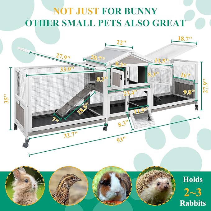 93" Rabbit Hutch Outdoor Indoor with Run Wooden Weatherproof Bunny Cage with 8 Wheels,4 Leak-Proof Trays,Dual Metal Run & Ramp,Small Animal Outdoor Pens & Hutches for 1-3 Rabbits,Guinea Pigs