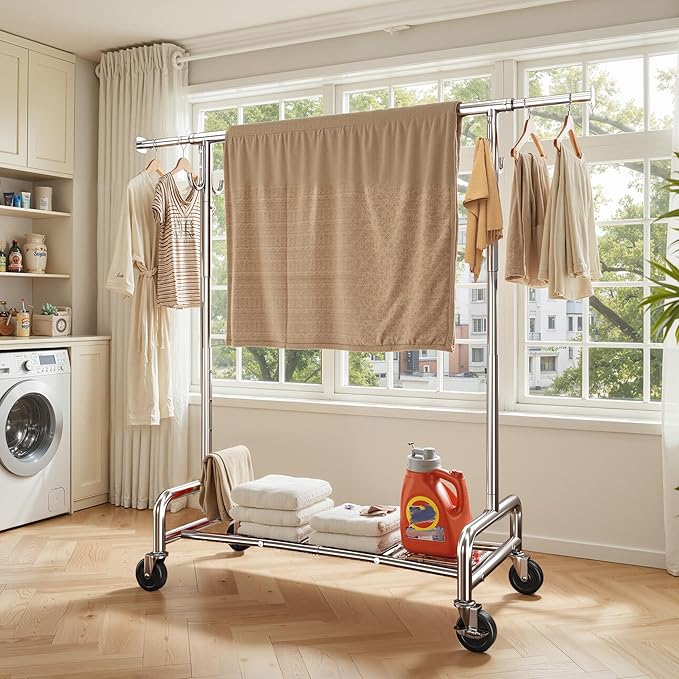 Raybee 75" W Heavy Duty Clothes Rack Load 450 LBS, Metal Garment Storage with Shelf, Lockable Wheels & Anti-Slip Stoppers, Rolling Clothing Rack for Bedroom Laundry Room