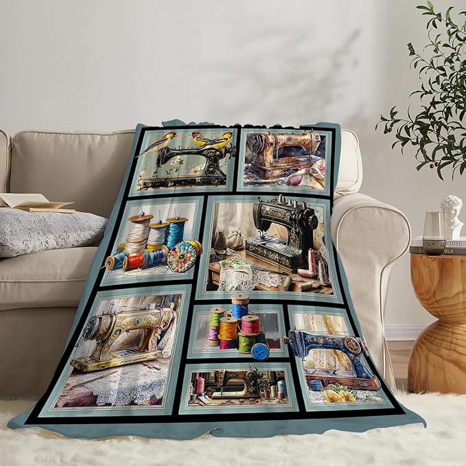 Sewing Blanket Gifts for Women Girls Adults Mom Grandma Seamstress Ultra Soft Cozy Sewing Machine Throw Blankets Fleece Fuzzy Plush Decor for Couch Sofa 60"x50"