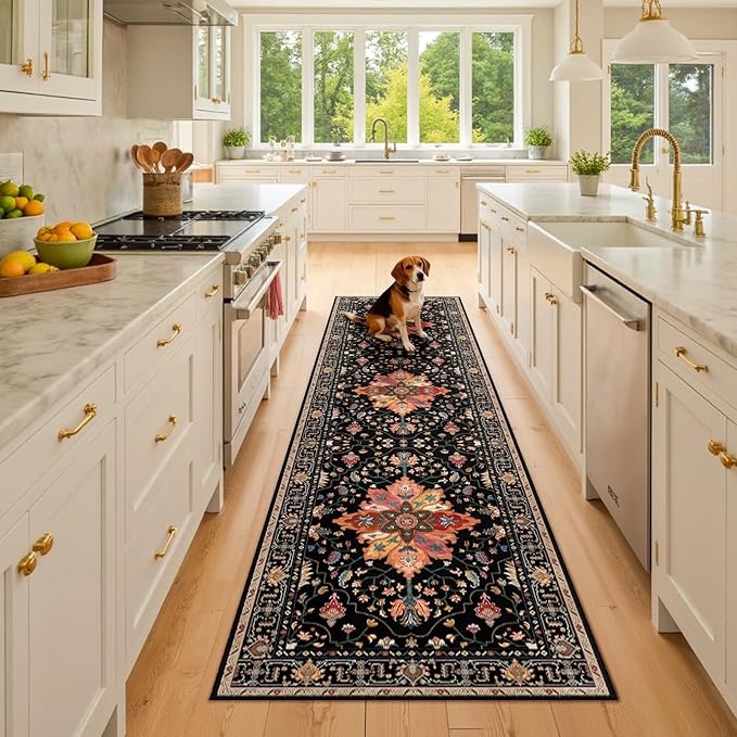 Area Rugs 2'6''x8' Washable Non-Slip, Floral Vintage Distress Print Pattern Medallion Carpet for Living Room Bedroom Dining Room, Black Colorful Floral Dark Tan