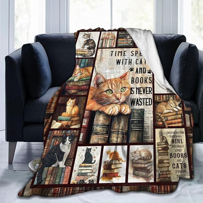 Dynova Cat Blanket Cozy Plush Book Throw Blankets Cozy Plush Cats Books Lovers Gifts Fuzzy Flannel Fleece for Women Men Girls Boys 80"X60"