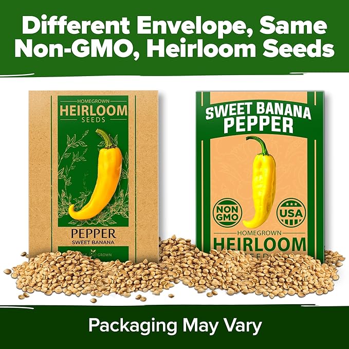 HOME GROWN Banana Pepper Seeds 2 Pack (Capsicum annuum) – 188 Heirloom Seeds, High Germination Vegetable Seeds – Growing Sweet Banana Peppers Indoors or Garden