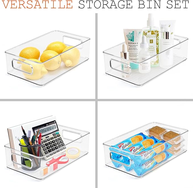 LotFancy Refrigerator Organizer Bins, 4 Pack,10x6x3 in, BPA Free Clear Plastic Storage Bins for Pantry Organization, Stackable Containers with Handles for Fridge, Kitchen Drawer, Freezer, Cabinet