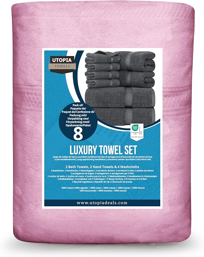 Utopia Towels 8 Piece Luxury Towel Set – Majestic Plush, Super Absorbent & Quicker-to-Dry, Thick 100% Ring Spun Cotton Towels for Bathroom, Spa & Hotel – 2 Bath, 2 Hand, 4 Washcloths, Pink