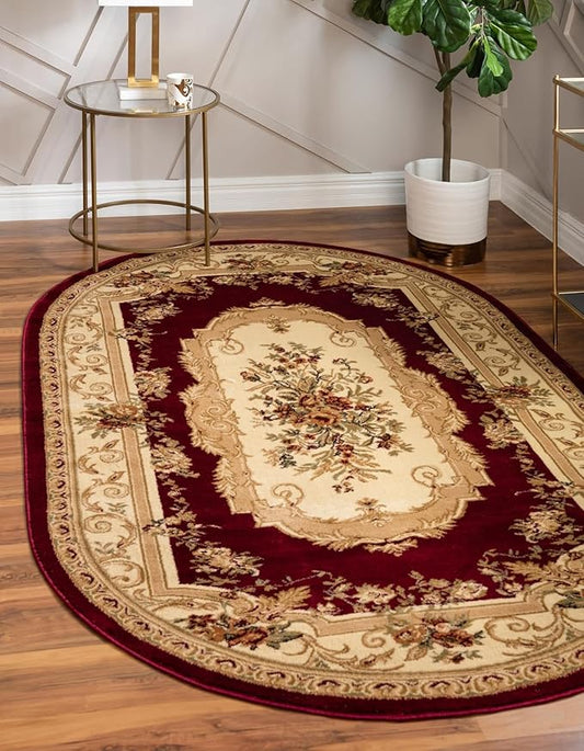 Unique Loom Versailles Collection Traditional Classic Floral Motif Area Rug (5' 0 x 8' 0 Oval, Burgundy/Ivory)
