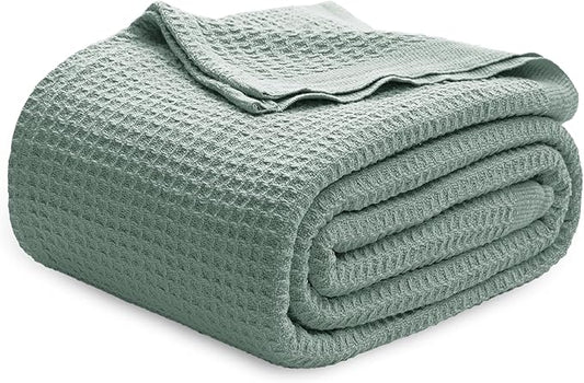 Bedsure Gentlesoft 100% Cotton Blanket Queen Size for Bed - Breathable and Soft, Thick Cozy Waffle Weave Christmas Blanket Gift for Women, Sage Green, 90x90 Inches