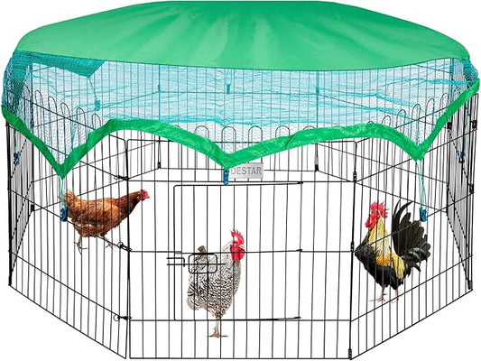 DEStar 8 Panel Foldable Outdoor Backyard Metal Coop Chicken Cage Enclosure Duck Rabbit Cat Crate Playpen Exercise Pen with Weather Proof Cover