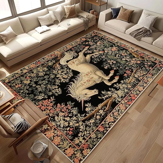 8x10 Unicorn Area Rugs Boho Floral Botanical Rug for Living Room Indoor Soft Non-Slip Thin Vintage Large Carpet Black Rugs for Bedroom Home Decor Under Table Washable Machine