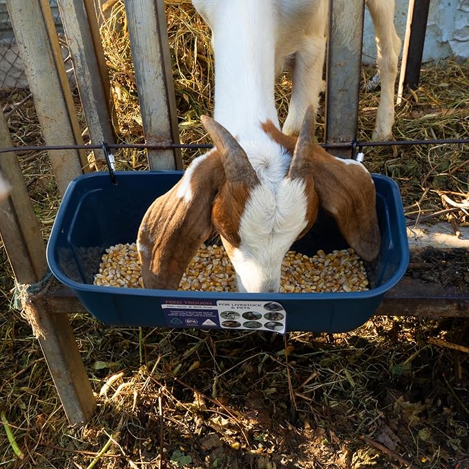 Goovilla Large Feed Trough, Hanging or Screw-in Fence Feeder with Clips, 2 Pack 9 Quart Goat Feeding Supplies, Dog Horse Hog Pig Livestock Poultry Plastic Feeder Trough Bucket for Large Animal, Blue