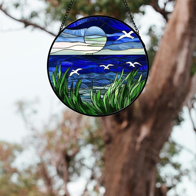 Stained Glass Window Hanging 4 Pcs Set Navy Blue Ocean Landscape 7.8" - Suncatcher Door Garden Sun Catcher Decor Birthday Mother's Day for Mom Woman Nana Girl Boy Friend