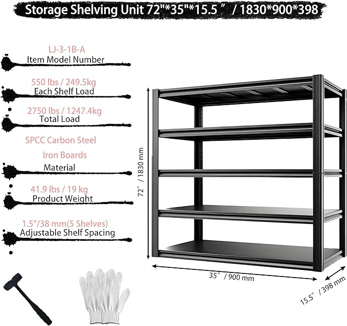 Industrial Storage Rack,Heavy-Duty Steel Shelving Unit,Multi-Purpose Garage Organization System Black 72" H x 35" W x 15.5" D 5-Tier
