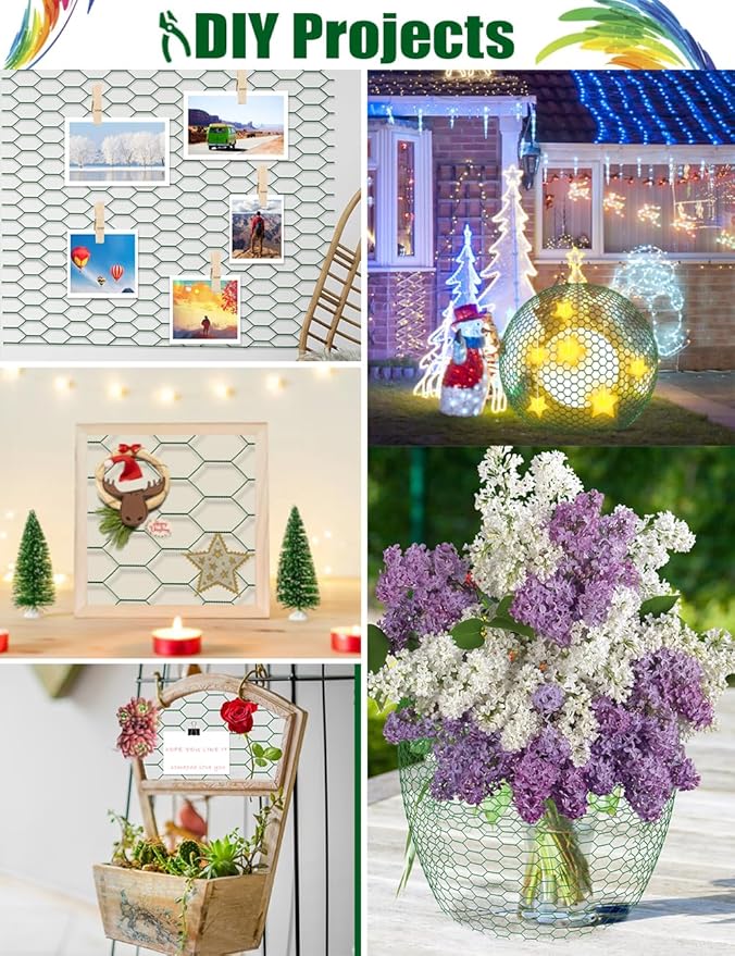 TOYPOPOR Chicken Wire, 16''x 396''/33ft Mesh Roll for Floral Arrangements, Anti-Rust PVC Coated Garden Netting, Rabbit Animal Fence with Cutting Plier, Gloves and Ties for DYI Crafts, Poultry, Garden