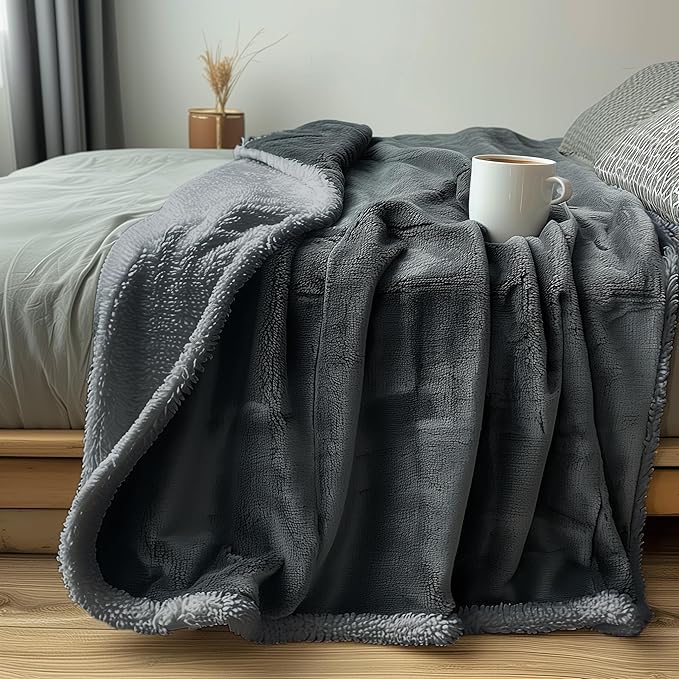 Waterproof Blanket Twin Size - Sherpa Fleece Reversible Throw, Soft Warm Leak-Proof Bed & Couch Protector for Kids, Pets & Everyday Spills (Charcoal Grey/Silver Grey, 65x90