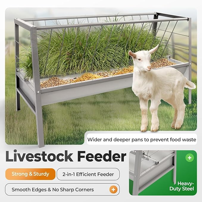 Pasture Hay Feeder 2 in 1 55 Gallon Livestock Feed Trough with 22 Gallon Feed Pan Hay Grain Livestock Feeder for Sheep, Calf, Cow and Horse