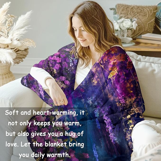 Floral Blanket, 50"x60" Purple Flowers Floral Flannel Fleece Throw for Kids & Adults, Ultra-Soft and Warm Home Decor Blanket, Women Floral Gifts