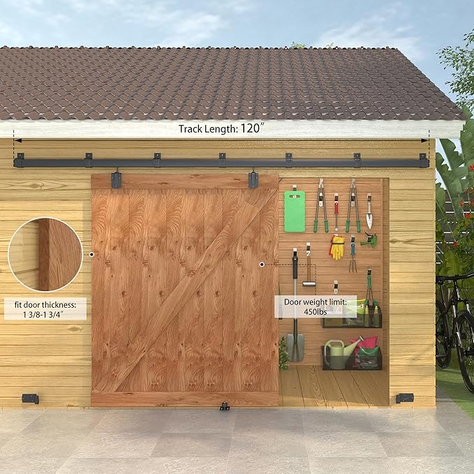 10FT Black Box Rail Exterior Barn Door Hardware Kit, Sliding Heavy Duty Barn Door Track, Wall Mount Barn Door Hardware with 5 Track Brackets(Doors NOT Include）