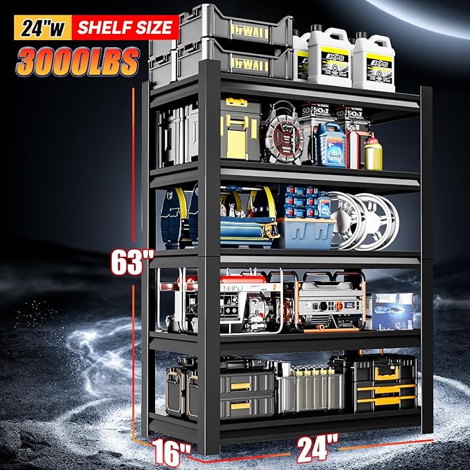 24" W Garage Shelving,5-Tier Heavy Duty Shelving Unit,3000LBS Adjustable Metal Storage Shelves,Storage Rack Units for Industrie,Shed,Warehouse,Basement,Black,24" W x 16" D x 63" H