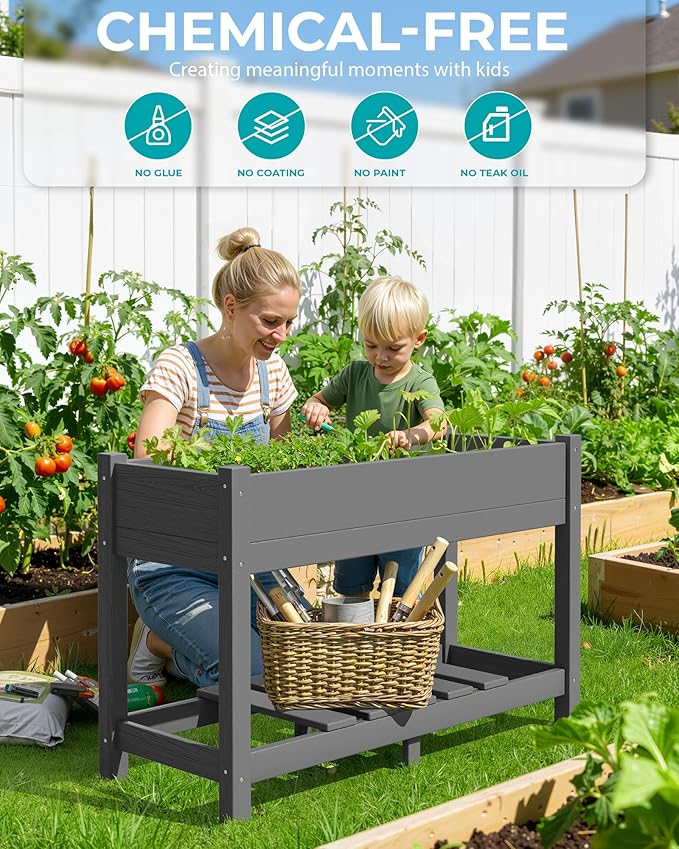 SERWALL Raised Garden Bed Set of 2, HDPE Raised Bed for Gardening All Weather Use- Grey