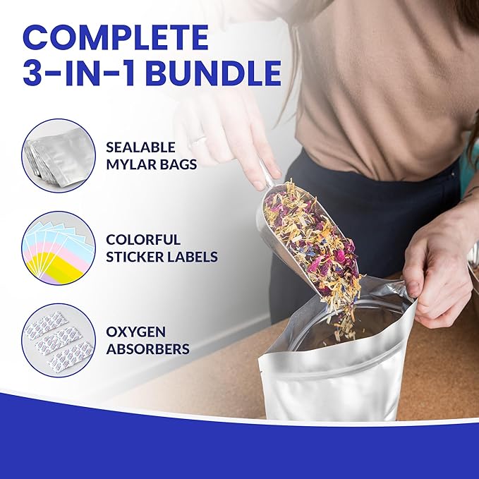 15-Pack 14 Mil Mylar Bags with Oxygen Absorbers, Gusseted 5 Gallon with 2500cc OA - Resealable Mylar Bags for Food Storage with Colourful labels