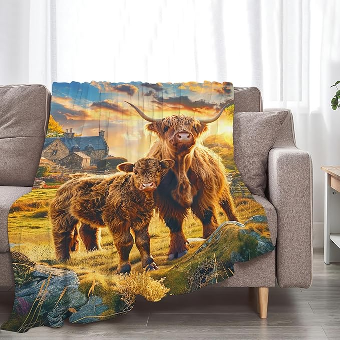 Highland Cow Blanket Gifts for Girls Boys Soft Warm Plush Highland Cattle Throw Blanket Flannel Fleece Fuzzy Farm Animal Stuff Blanket for Bed Couch Living Room Decor 60"X50"