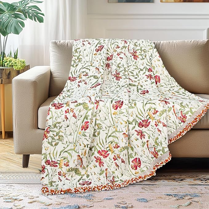 MACEVIA Boho Throw Blanket for Bed, Cardinal Bird Floral Throw Blanket, Floral Woven Boho Blankets and Throws with Tassel for Couch Sofa, All Season Cottagecore Decor Blanket (Cardinal 50"×70")