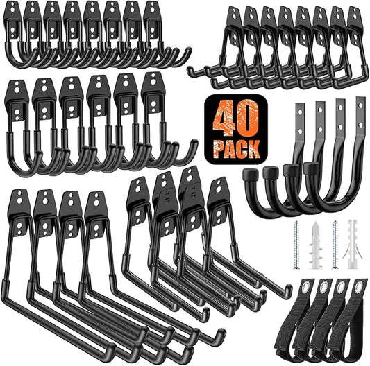40 Pack Heavy Duty Garage Hooks,Solid Steel Wall Mount Hangers,with Anti-Slip Coating,for Hanging and Organising Ladder,Bike,Ropes,Broom,Garden,Yard and Power Tools