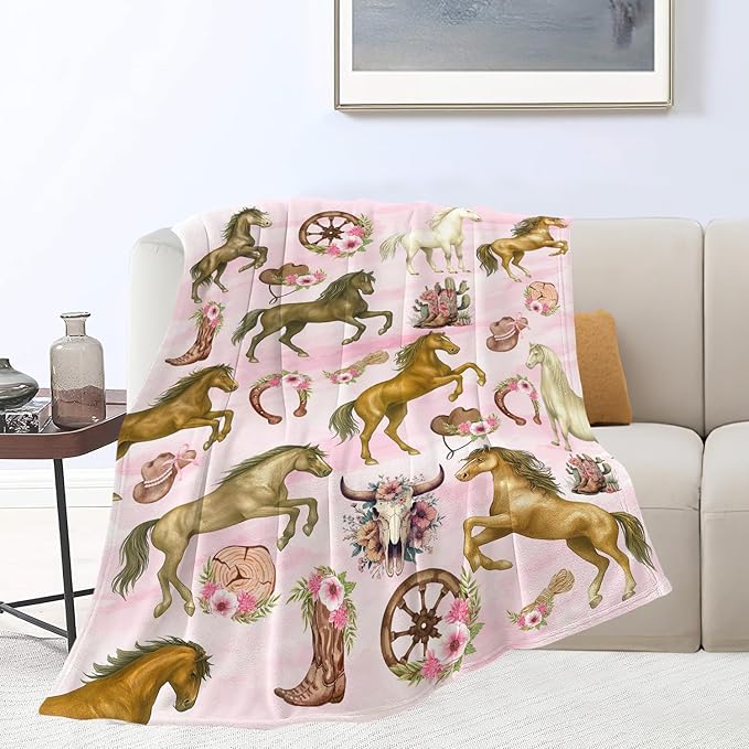 Western Cowgirl Throw Blanket Pink Cowgirl Horse Flannel Blankets Southwest Horses Plush Super Soft Cozy Warm Decor Gifts for Boys Girls Kids Adults Men Women 60" x 80"