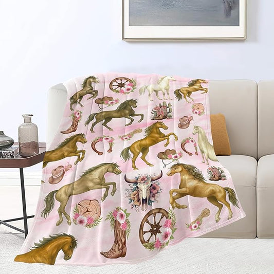Western Cowgirl Throw Blanket Pink Cowgirl Horse Flannel Blankets Southwest Horses Plush Super Soft Cozy Warm Decor Gifts for Boys Girls Kids Adults Men Women 50" x 60"