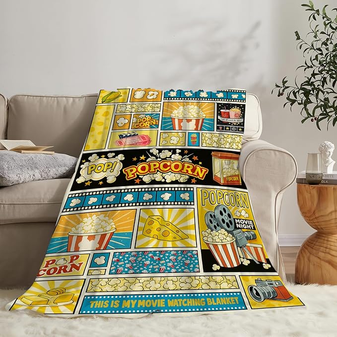 Popcorn Fleece Blanket Movie Ticket Throw Blankets for Girls Boys Super Soft Warm Flannel Movie Snacks Food Throws Gifts for Men Women Cozy Fuzzy Plush Stuffed Couch Bed Bedding Decor 80"X60"