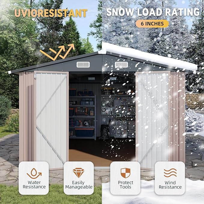 Aoxun 10x12 Shed with Brown Floor Galvanized Steel Outdoor Storage Shed Metal Garden Shed with Moisture-Proof Floor & Ventilation, Sloped Roof for Bike/Generator/Tool Storage (Brown Floor Included)