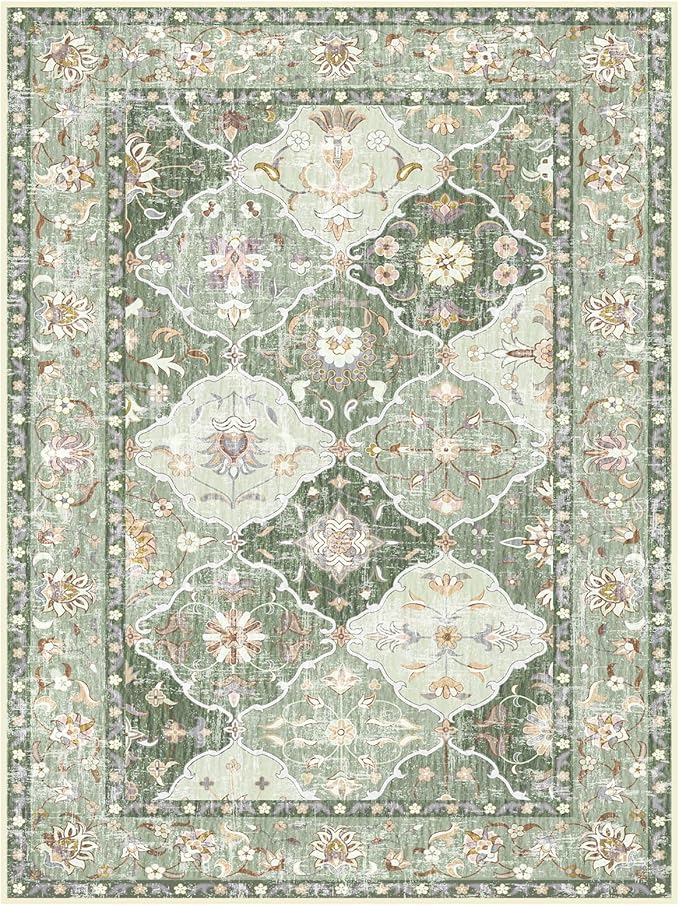 Boho Vintage Area Rugs 5×7 Washable Non-Slip Traditional Green Carpet for Living Room Bedroom Dining Room Farmhouse