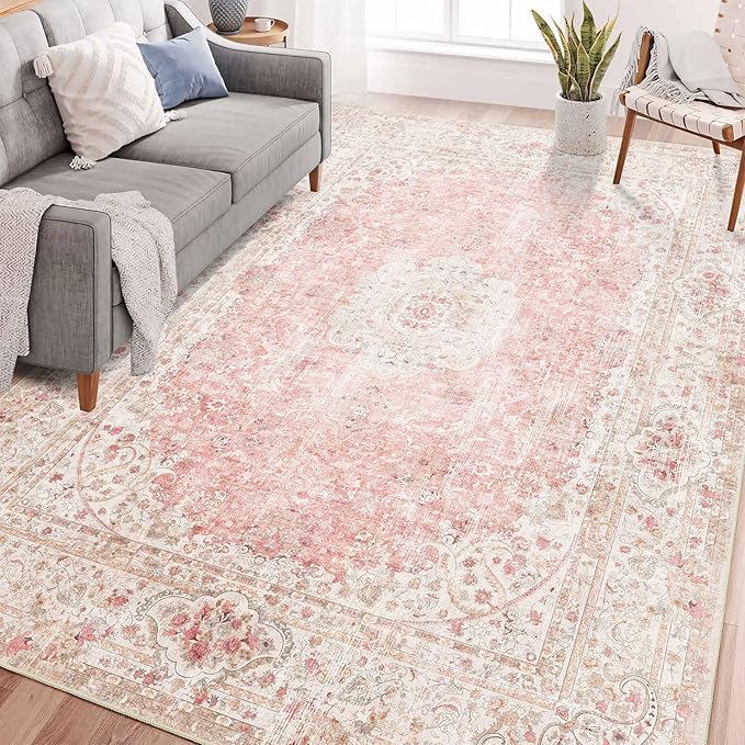 6x9 Area Rugs Washable,Pink Rug for Living Room Bedroom Kitchen,Large Boho Vintage Bohemian Distressed Carpet Non Slip,Blush