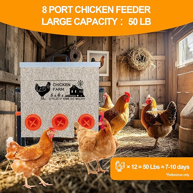 Automatic Chicken Feeder Box 50 lbs, 8 Feeding Ports, No Waste Poultry Feeder with Locking Lid and Adjustable Legs for Chickens, Ducks, Geese Galvanized Metal (50 Lbs-8 Ports)