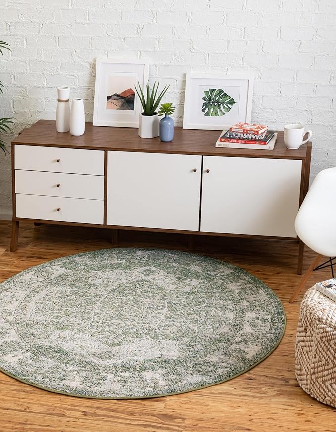 Unique Loom Isabella Collection Area Rug - Adjani (3' 3" Round, Green/ Ivory)